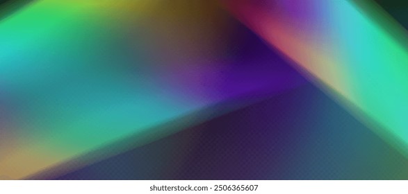 Superposición de refracción del arco iris, llama de fuga, efecto de luz del prisma, luz del sol del arco iris, rayos holográficos con transparencia. Textura borrosa de la foto retro bokeh, resplandor de la cámara vintage. Vector de fondo.