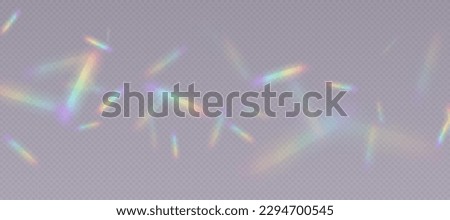 Rainbow refraction overlay, leak flare, prism light effect, rainbow sunlight, holographic rays with transparency. Blurred bokeh retro photo texture, vintage camera glare. Vector background.