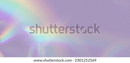 Rainbow refraction overlay, leak flare, prism light effect, rainbow sunlight, holographic rays with transparency. Blurred bokeh retro photo texture, vintage camera glare. Vector background.
