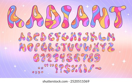 Rainbow retro 60s hippie typeface, groovy font, psychedelic type, bold wave alphabet on funky stars vector background. Groovy hippy english alphabet letters and numbers font with wavy colorful pattern