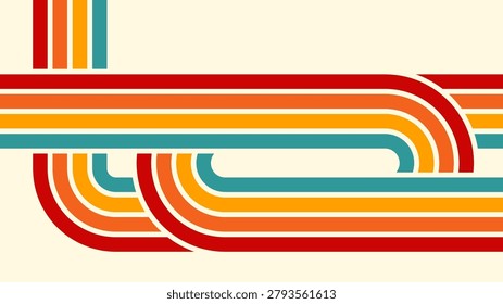 Rainbow retro background with groovy 70s lines and vintage abstract patterns. Colorful curved paths create psychedelic poster art with geometric swirls and funky stripes for creative rainbow designs.