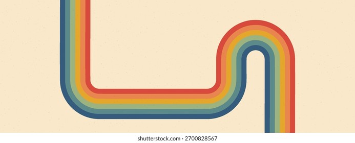 Fondo de rayas retro de arco iris con senderos curvos groovy. El diseño vintage Abstractas presenta bandas inspiradas en los años 70 que forman Formas en U, arcos y bucles en un fondo texturizado. Patrón gráfico de Vector 