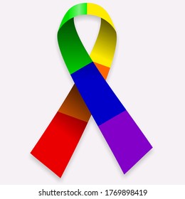 Rainbow ribbon on white background. LGBT support symbol and flag. Vector illustration.