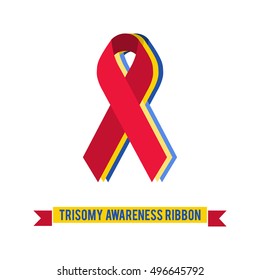 Rainbow ribbon - symbol Trisomy awareness. Vector illustration icon red, yellow & blue color ribbon.