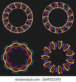 Conjunto de anéis em arco-íris. Vetor de loop concêntrico. Motivo circular brilhante. Arte com contraste escuro.