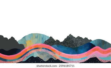 Rainbow river with transparent background, isolated landscape elements, vector illustration, graphic design, risograph, textured paper scene for animation, flyer, poster, frame or web. 