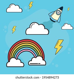 rainbow and rocket at sky