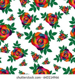 Rainbow rose and leaves seamless pattern on white background