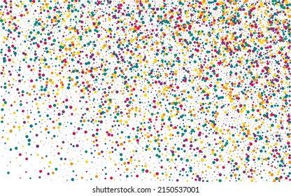 Rainbow Round Abstract White Background. Carnival Dust Design. Celebrate Splash Texture. Yellow Polka Carnaval Card.