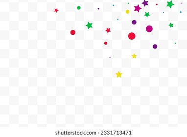Rainbow Round Christmas Vector Transparent Background. Fun Splash Pattern. Effect Stars Backdrop. Color Confetti Festival Invitation.
