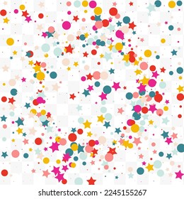 Rainbow Round Flying Vector Transparent Background. Festival Rain Invitation. Top Splash Design. Falling Starfall Christmas Postcard.