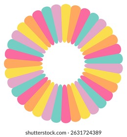 Сolorful rainbow round frame, text box, flower, chamomile petals in flat style. Hand drawn element for carnival, festival, kids birthday isolated on transparent background. Vector illustration EPS10