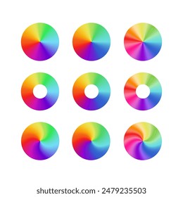 Rainbow round gradients collection. Swirling spectrum of multicolored rays.