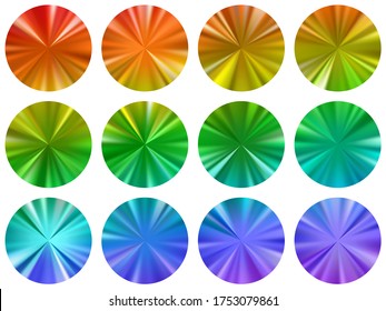 Rainbow round metallic gradient web elements vector collection. Polished digital medal shapes. Banner metal gradient texture templates. Label backgrounds material design.