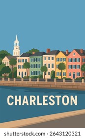 Rainbow Row em Charleston é uma coleção de casas históricas lindamente restauradas, pintadas em tons pastel, situado contra a charmosa orla