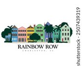 Rainbow row charleston dc homes illustration with multiple rainbow colors, print ready eps for download