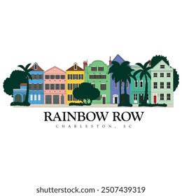 Rainbow row charleston dc homes illustration with multiple rainbow colors, print ready eps for download