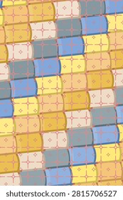 Rainbow rustic horizon typography background with scan arc bent layered tile offsets and rounded loop tilework with stars pattern
