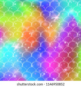 Rainbow scales background with kawaii mermaid princess pattern. Fish tail banner with magic sparkles and stars. Sea fantasy invitation for girlie party. Trendy backdrop with rainbow scales.