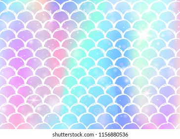 Rainbow scales background with kawaii mermaid princess pattern. Fish tail banner with magic sparkles and stars. Sea fantasy invitation for girlie party. Multicolor backdrop with rainbow scales.