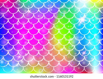 Rainbow scales background with kawaii mermaid princess pattern. Fish tail banner with magic sparkles and stars. Sea fantasy invitation for girlie party. Rainbow backdrop with rainbow scales.