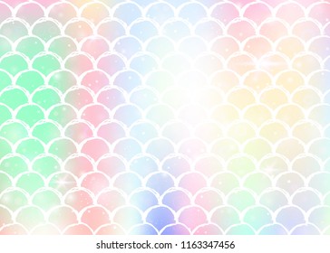 Rainbow scales background with kawaii mermaid princess pattern. Fish tail banner with magic sparkles and stars. Sea fantasy invitation for girlie party. Multicolor backdrop with rainbow scales.