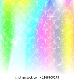 Rainbow scales background with kawaii mermaid princess pattern. Fish tail banner with magic sparkles and stars. Sea fantasy invitation for girlie party. Fluorescent backdrop with rainbow scales.