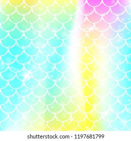 Rainbow scales background with kawaii mermaid princess pattern. Fish tail banner with magic sparkles and stars. Sea fantasy invitation for girlie party. Retro backdrop with rainbow scales.