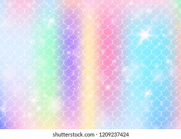 Rainbow scales background with kawaii mermaid princess pattern. Fish tail banner with magic sparkles and stars. Sea fantasy invitation for girlie party. Spectrum backdrop with rainbow scales.