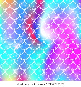 Rainbow scales background with kawaii mermaid princess pattern. Fish tail banner with magic sparkles and stars. Sea fantasy invitation for girlie party. Vibrant backdrop with rainbow scales.