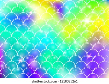 Rainbow scales background with kawaii mermaid princess pattern. Fish tail banner with magic sparkles and stars. Sea fantasy invitation for girlie party. Rainbow backdrop with rainbow scales.