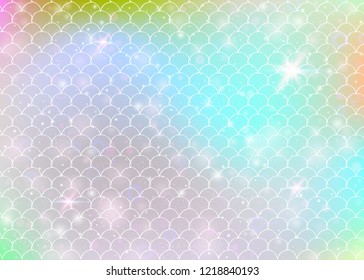 Rainbow scales background with kawaii mermaid princess pattern. Fish tail banner with magic sparkles and stars. Sea fantasy invitation for girlie party. Spectrum backdrop with rainbow scales.