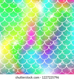 Rainbow scales background with kawaii mermaid princess pattern. Fish tail banner with magic sparkles and stars. Sea fantasy invitation for girlie party. Neon backdrop with rainbow scales.