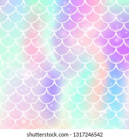 Rainbow scales background with kawaii mermaid princess pattern. Fish tail banner with magic sparkles and stars. Sea fantasy invitation for girlie party. Neon backdrop with rainbow scales.