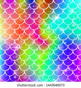 Rainbow scales background with kawaii mermaid princess pattern. Fish tail banner with magic sparkles and stars. Sea fantasy invitation for girlie party. Creative backdrop with rainbow scales.