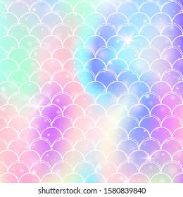 Rainbow scales background with kawaii mermaid princess pattern. Fish tail banner with magic sparkles and stars. Sea fantasy invitation for girlie party. Stylish backdrop with rainbow scales.