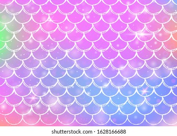 Rainbow scales background with kawaii mermaid princess pattern. Fish tail banner with magic sparkles and stars. Sea fantasy invitation for girlie party. Multicolor backdrop with rainbow scales.