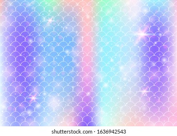 Rainbow scales background with kawaii mermaid princess pattern. Fish tail banner with magic sparkles and stars. Sea fantasy invitation for girlie party. Creative backdrop with rainbow scales.