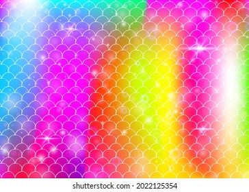 Rainbow scales background with kawaii mermaid princess pattern. Fish tail banner with magic sparkles and stars. Sea fantasy invitation for girlie party. Rainbow backdrop with rainbow scales.
