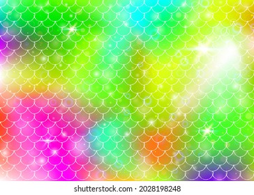 Rainbow scales background with kawaii mermaid princess pattern. Fish tail banner with magic sparkles and stars. Sea fantasy invitation for girlie party. Vibrant backdrop with rainbow scales.