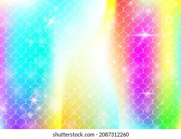Rainbow scales background with kawaii mermaid princess pattern. Fish tail banner with magic sparkles and stars. Sea fantasy invitation for girlie party. Fluorescent backdrop with rainbow scales.