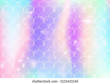 Rainbow scales background with kawaii mermaid princess pattern. Fish tail banner with magic sparkles and stars. Sea fantasy invitation for girlie party. Retro backdrop with rainbow scales.