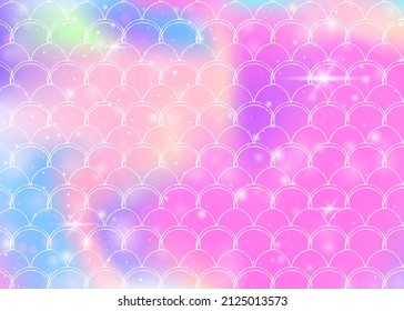 Rainbow scales background with kawaii mermaid princess pattern. Fish tail banner with magic sparkles and stars. Sea fantasy invitation for girlie party. Plastic backdrop with rainbow scales.