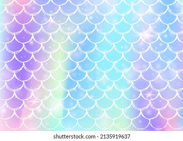 Rainbow scales background with kawaii mermaid princess pattern. Fish tail banner with magic sparkles and stars. Sea fantasy invitation for girlie party. Iridescent backdrop with rainbow scales.