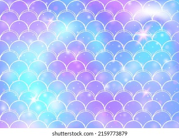 Rainbow scales background with kawaii mermaid princess pattern. Fish tail banner with magic sparkles and stars. Sea fantasy invitation for girlie party. Plastic backdrop with rainbow scales.