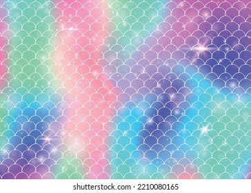 Rainbow scales background with kawaii mermaid princess pattern. Fish tail banner with magic sparkles and stars. Sea fantasy invitation for girlie party. Iridescent backdrop with rainbow scales.
