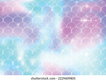 Rainbow scales background with kawaii mermaid princess pattern. Fish tail banner with magic sparkles and stars. Sea fantasy invitation for girlie party. Bright backdrop with rainbow scales.