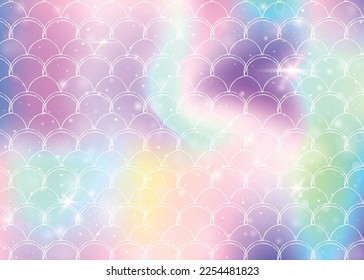 Rainbow scales background with kawaii mermaid princess pattern. Fish tail banner with magic sparkles and stars. Sea fantasy invitation for girlie party. Pearlescent backdrop with rainbow scales.