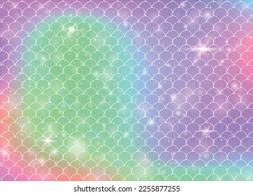 Rainbow scales background with kawaii mermaid princess pattern. Fish tail banner with magic sparkles and stars. Sea fantasy invitation for girlie party. Fluorescent backdrop with rainbow scales.