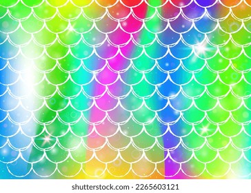 Rainbow scales background with kawaii mermaid princess pattern. Fish tail banner with magic sparkles and stars. Sea fantasy invitation for girlie party. Vibrant backdrop with rainbow scales.